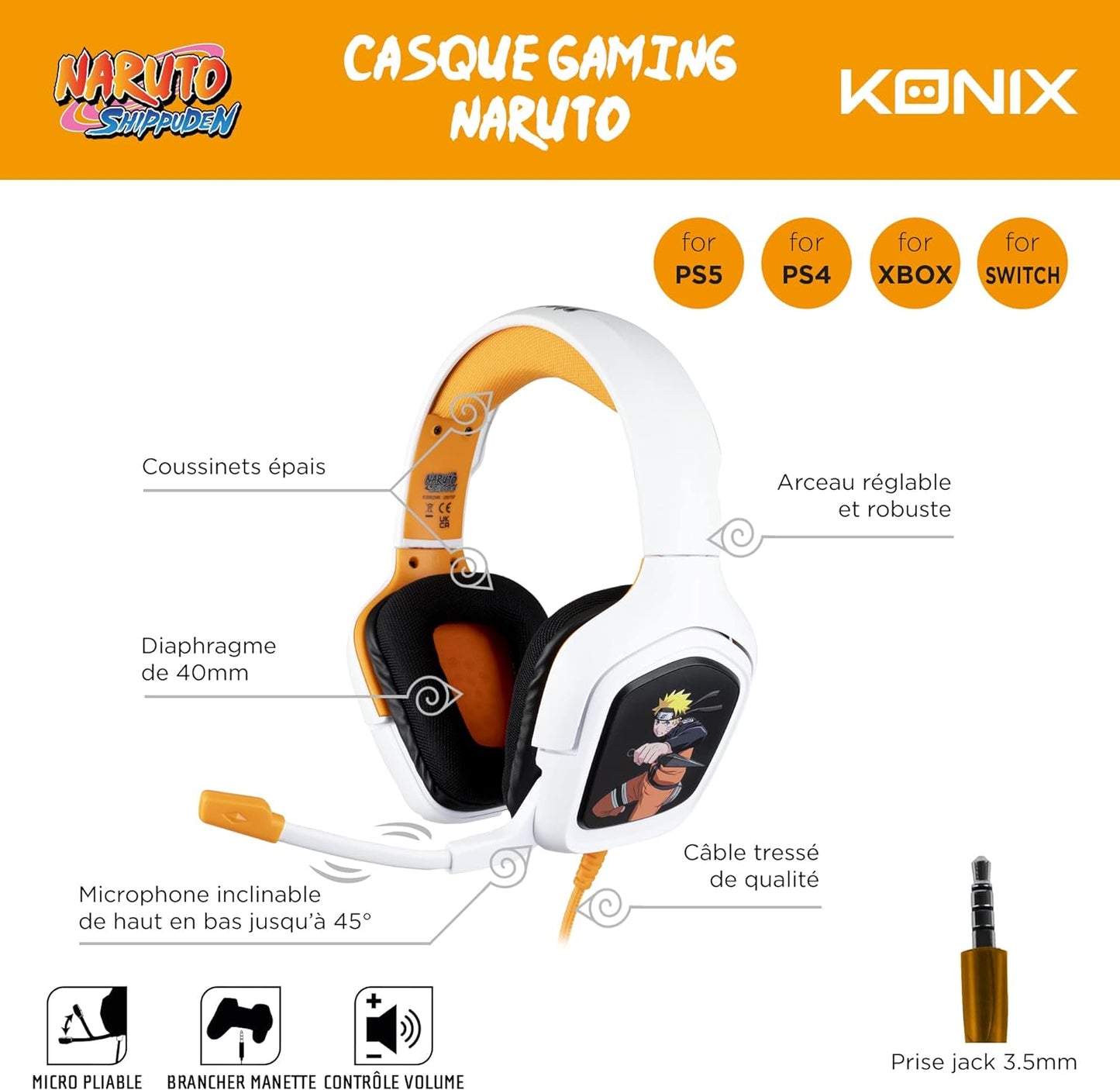 Casque Audio Gaming Filaire Naruto Shippuden - Konix - pour PS5, PS4, XBOX ou Switch - Neuf scellé