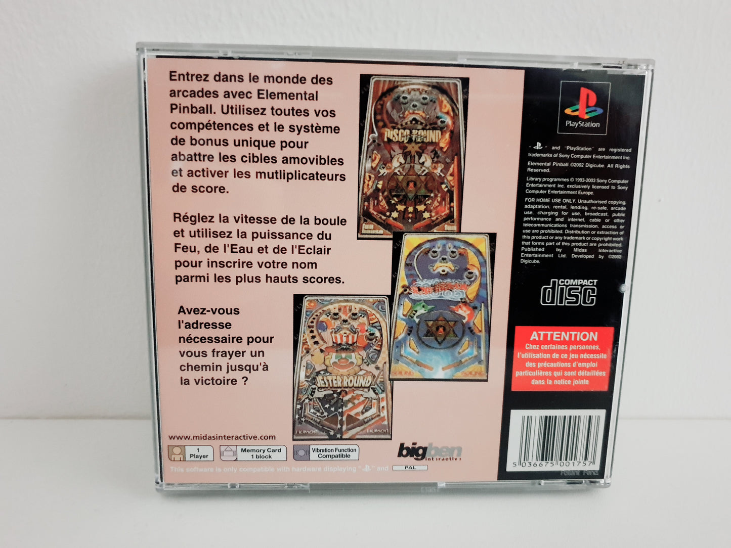 Elemental Pinball PS1 - Occasion très bon état