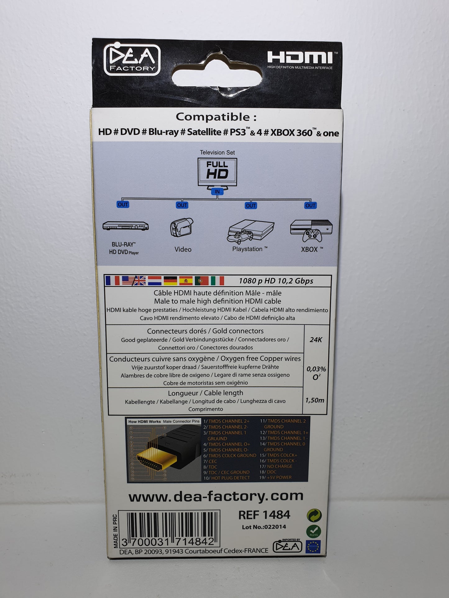 CABLE HDMI DEA FACTORY 1.5 M ROUGE - POUR XBOX 360&ONE, PS3&PS4 - NEUF SOUS BLISTER