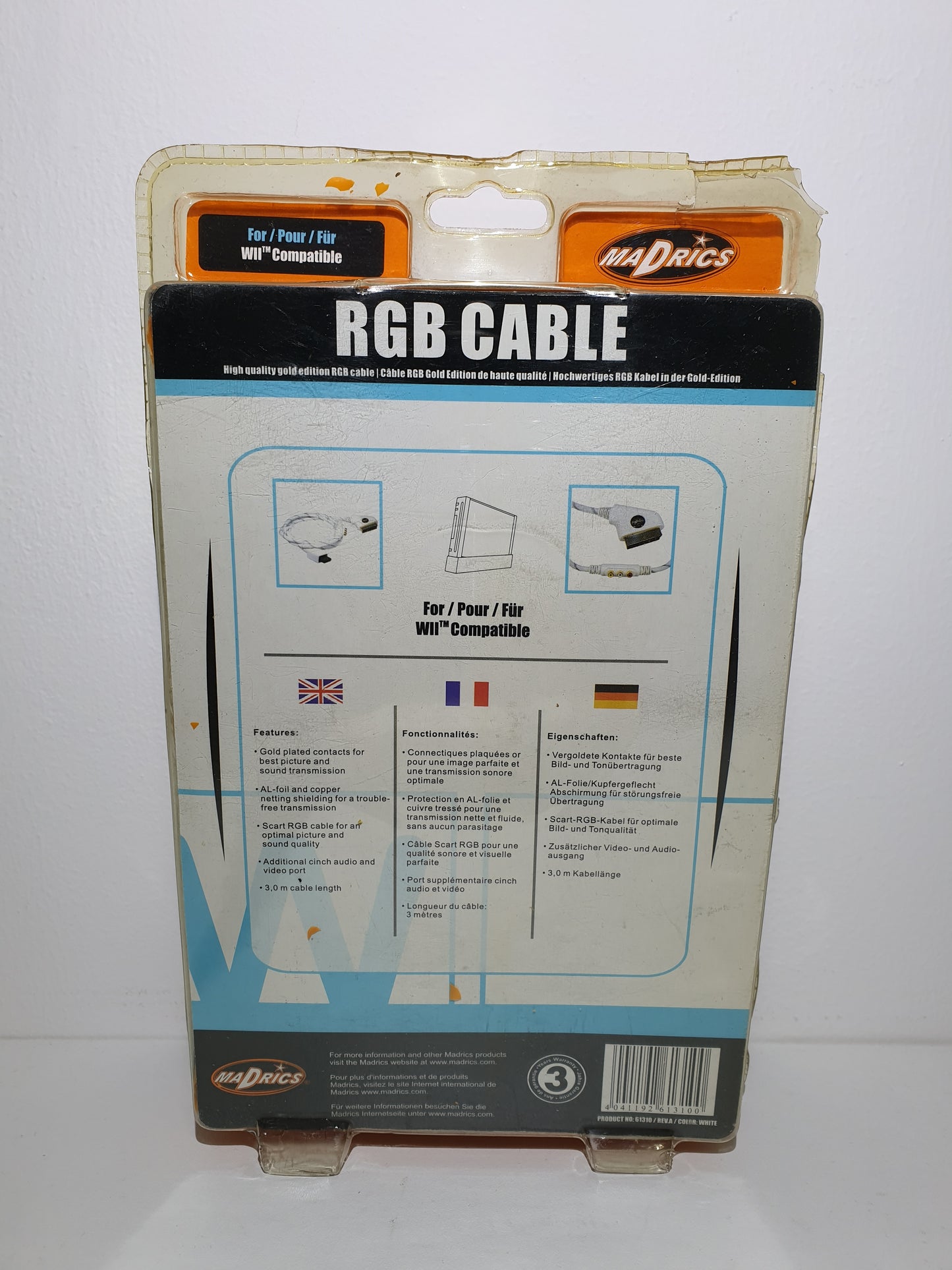 CABLE RGB GOLD EDITION DE HAUTE QUALITE MADRICS - POUR WII - NEUF SOUS BLISTER