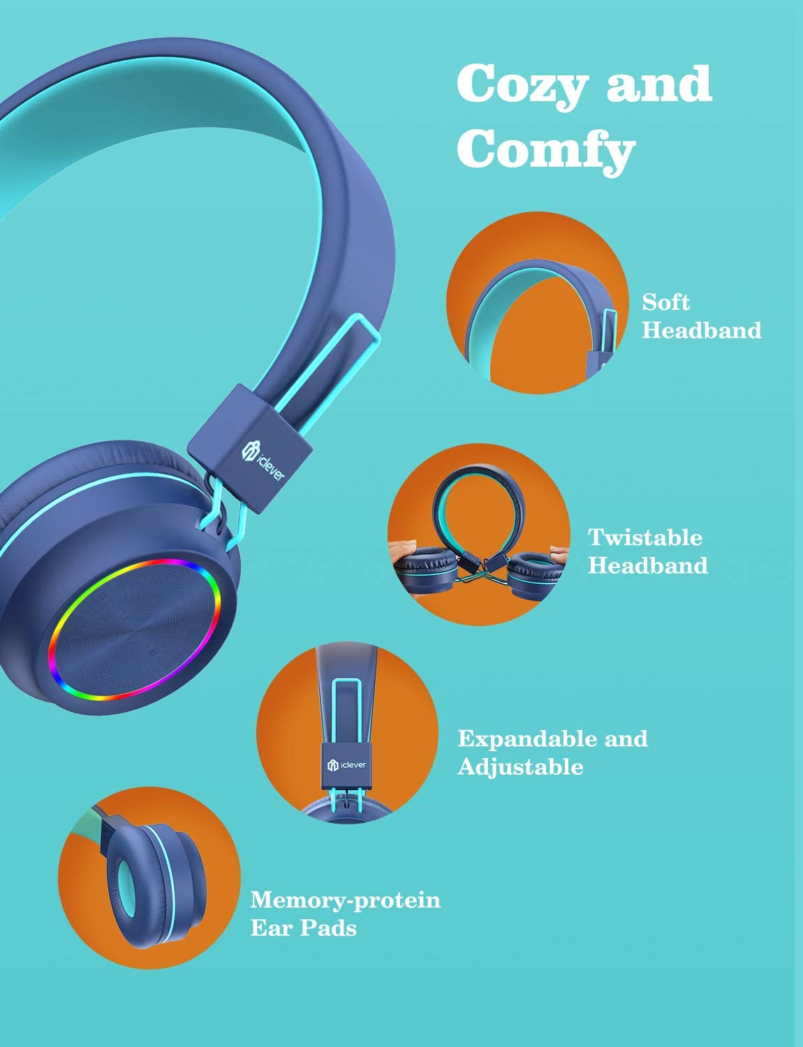 Casque audio microphone Bluetooth RGB BTH03 - iclever - pour Enfant - Neuf