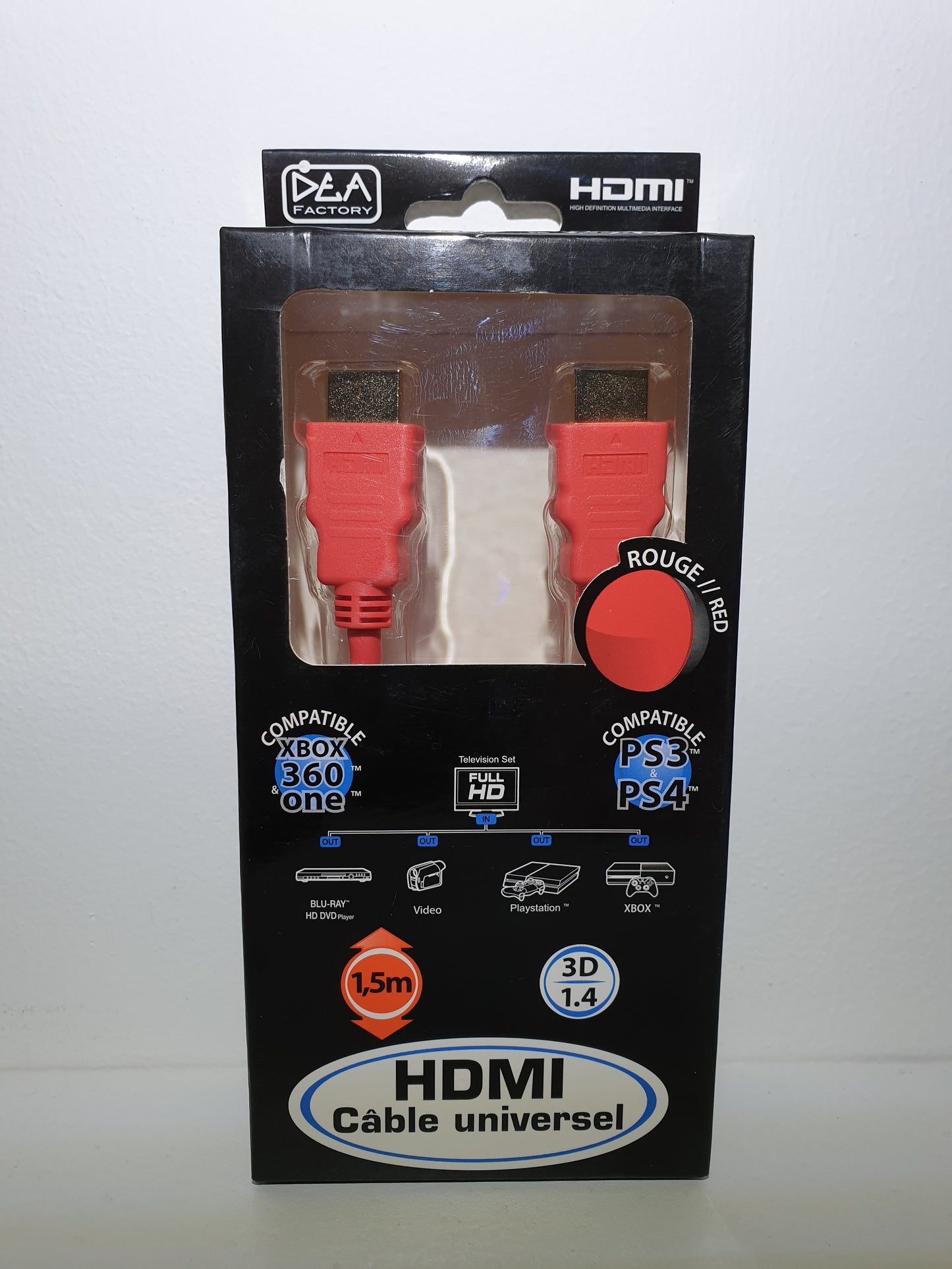 CABLE HDMI DEA FACTORY 1.5 M ROUGE - POUR XBOX 360&ONE, PS3&PS4 - NEUF SOUS BLISTER