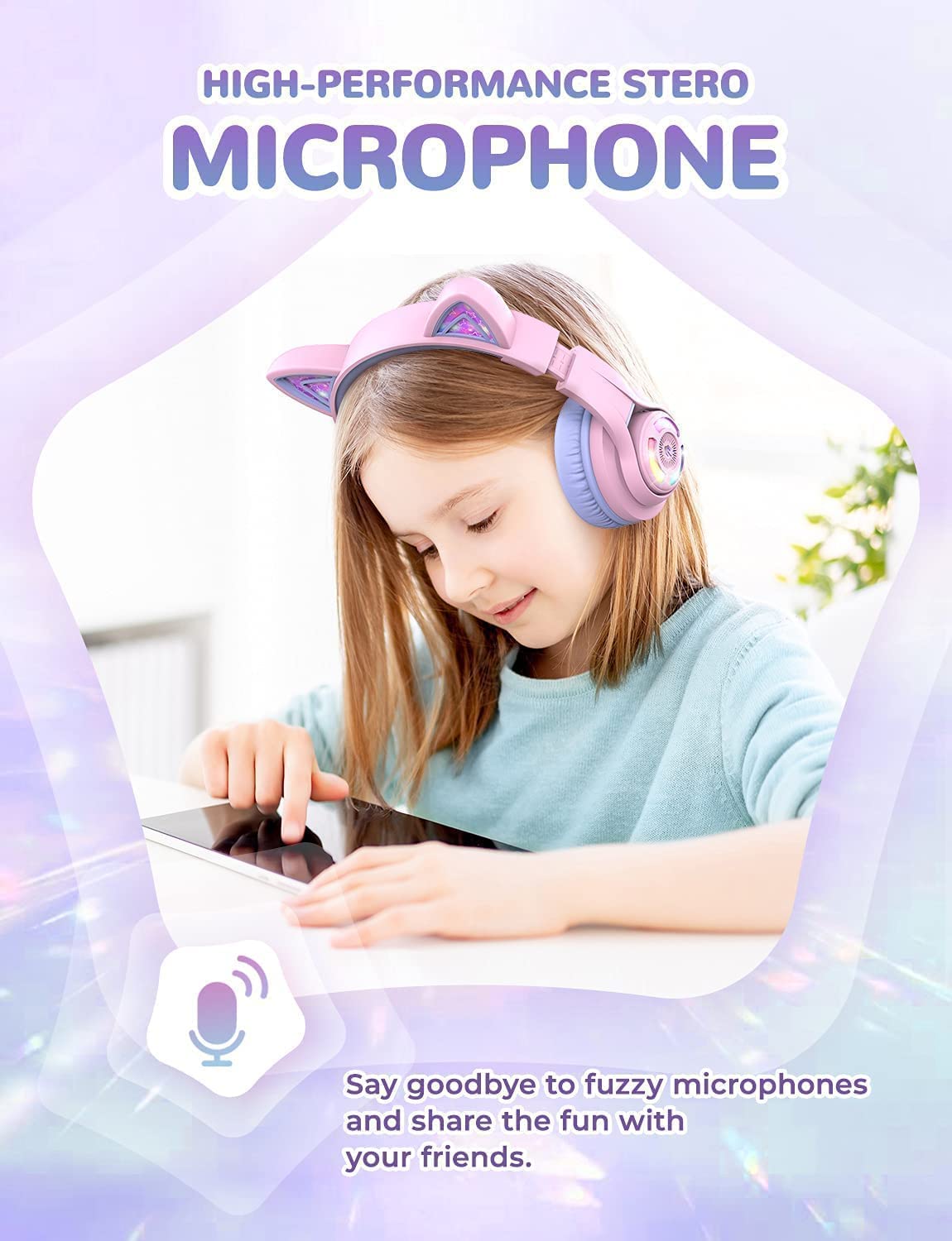 iClever Casque Audio Enfant Bluetooth, Casque sans Fil pour Enfant Oreille  de Chat Contrôle du Volume Réglable 74/85/94dB avec Microphone pour